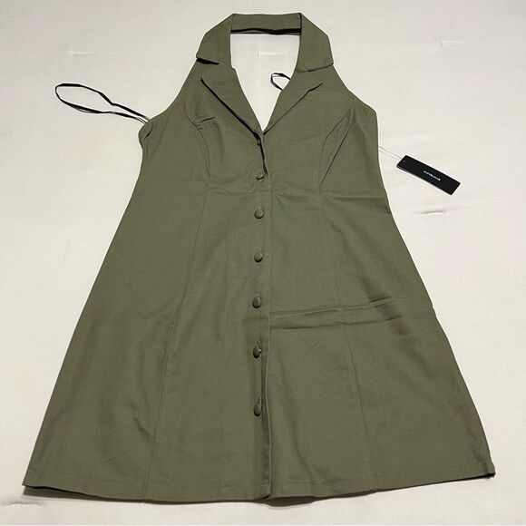 NWT Lulu’s You’re a Natural Olive Green Button Up Halter Mini Dress - Picture 1 of 12